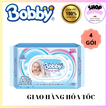 Khăn ướt Bobby không hương 4 gói 100 tờ - Giá 150.000đ, nhẹ, không kích ứng