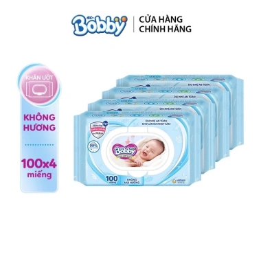 Khăn ướt Bobby không hương 4 gói 100 tờ - Giá 150.000đ, nhẹ, không kích ứng