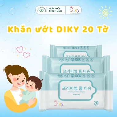 Khăn Ướt DiKy gói nhỏ 20 tờ siêu mềm mịn không mùi - an toàn cho bé, giá 12.000₫