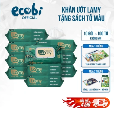 Khăn ướt Lamy 100 tờ không cồn, không parabens - Thùng 10 gói cao cấp cho gia đình, 172k
