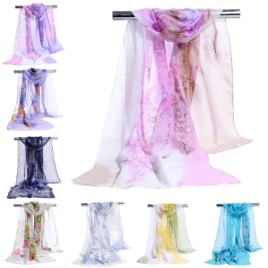 Khăn voan dài HYCEO Khăn choàng mềm quấn bướm lụa 10 màu in hoa chống nắng thời trang Hijab nữ