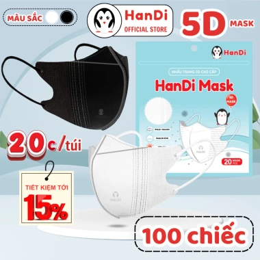 Khẩu trang 5D HanDi 3 lớp kháng khuẩn, chống bụi mịn 100/200 chiếc chỉ 39.998₫