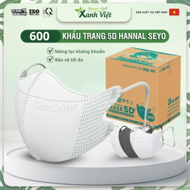 Khẩu trang 5D Hanna Seyo 3 lớp lọc bụi mịn kháng khuẩn - 500-600 chiếc, bảo vệ hô hấp, giảm giá 159k