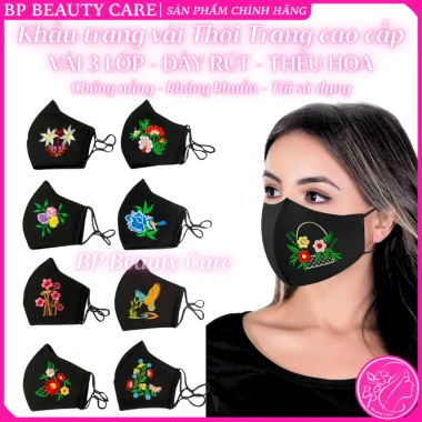 Khẩu trang cotton 3 lớp ĐEN thêu hoa, dây rút chỉnh size, bền đẹp, chống nắng bụi, tái sử dụng – 9.900₫