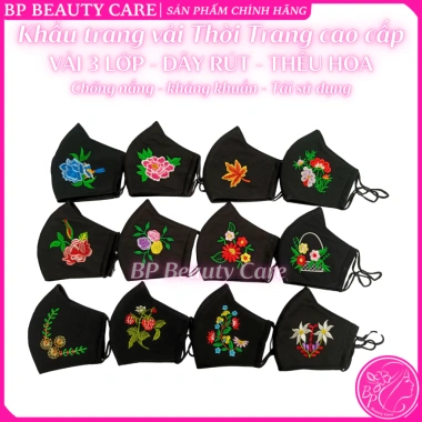 Khẩu trang cotton 3 lớp ĐEN thêu hoa, dây rút chỉnh size, bền đẹp, chống nắng bụi, tái sử dụng – 9.900₫