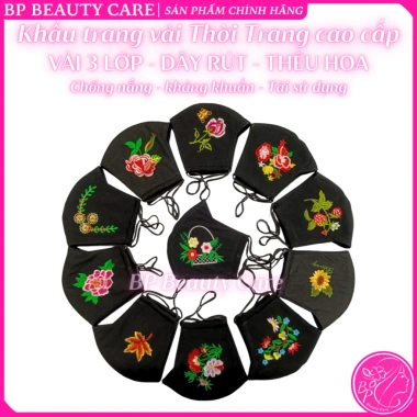 Khẩu trang cotton 3 lớp ĐEN thêu hoa, dây rút chỉnh size, bền đẹp, chống nắng bụi, tái sử dụng – 9.900₫