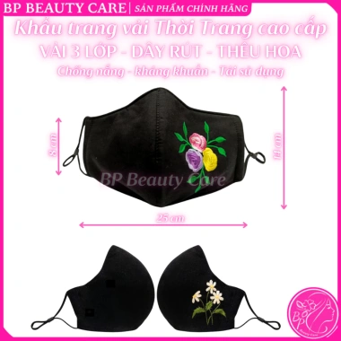 Khẩu trang cotton 3 lớp ĐEN thêu hoa, dây rút chỉnh size, bền đẹp, chống nắng bụi, tái sử dụng – 9.900₫