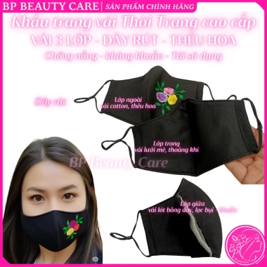 Khẩu trang cotton 3 lớp ĐEN thêu hoa, dây rút chỉnh size, bền đẹp, chống nắng bụi, tái sử dụng – 9.900₫