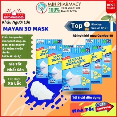 Khẩu Trang MAYAN 3D PM2.5 người lớn màu trắng - Túi 5 cái - Minpharmacy - Giá 23.500₫
