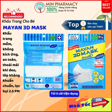 Khẩu Trang MAYAN 3D PM2.5 người lớn màu trắng - Túi 5 cái - Minpharmacy - Giá 23.500₫