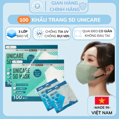 Khẩu Trang UNICARE 5D Unimask 100 cái - Kháng khuẩn vượt trội, chuẩn y tế, ngăn bụi mịn UV, giá 25.500 VND