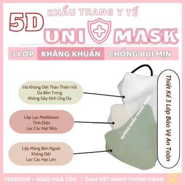 Khẩu Trang UNICARE 5D Unimask 100 cái - Kháng khuẩn vượt trội, chuẩn y tế, ngăn bụi mịn UV, giá 25.500 VND