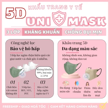 Khẩu Trang UNICARE 5D Unimask 100 cái - Kháng khuẩn vượt trội, chuẩn y tế, ngăn bụi mịn UV, giá 25.500 VND