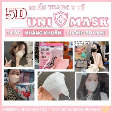 Khẩu Trang UNICARE 5D Unimask 100 cái - Kháng khuẩn vượt trội, chuẩn y tế, ngăn bụi mịn UV, giá 25.500 VND