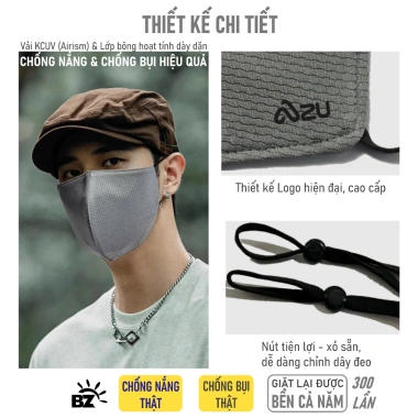 Khẩu trang vải 3 lớp Azumikichi BZ5 màu xám chì, chống nắng UV, không nẹp mũi, bảo vệ bụi mịn 4