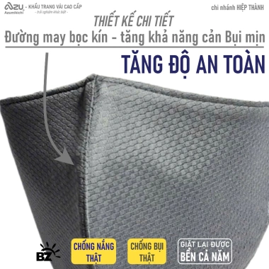 Khẩu trang vải 3 lớp Azumikichi BZ5 màu xám chì, chống nắng UV, không nẹp mũi, bảo vệ bụi mịn 5