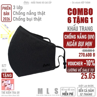Khẩu trang vải 3 lớp Azumikichi BZ7 – Chống nắng UV, màu đen, chống mũi, giặt lại
