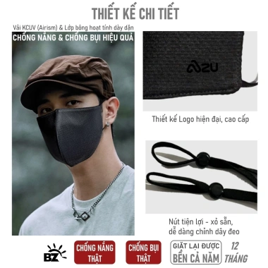 Khẩu trang vải 3 lớp Azumikichi BZ7 – Chống nắng UV, màu đen, chống mũi, giặt lại