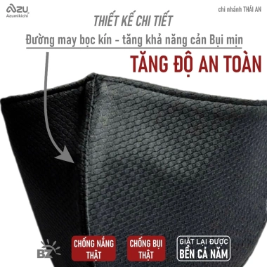 Khẩu trang vải 3 lớp Azumikichi BZ7 – Chống nắng UV, màu đen, chống mũi, giặt lại