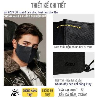 Khẩu trang vải 3 lớp chống nắng UV, bụi mịn, màu đen, nẹp mũi - Azumikichi AZ7 72.000 VND