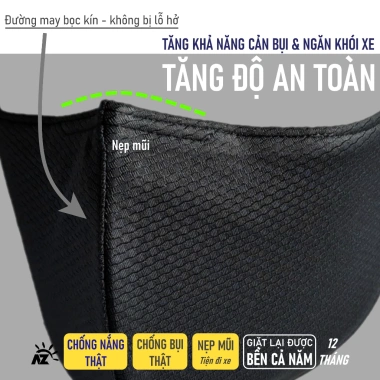 Khẩu trang vải 3 lớp chống nắng UV, bụi mịn, màu đen, nẹp mũi - Azumikichi AZ7 72.000 VND