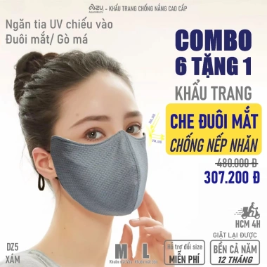 Khẩu trang vải 3 lớp chống nắng UV, bụi mịn, màu đen, nẹp mũi - Azumikichi AZ7 72.000 VND