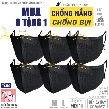 Khẩu trang vải 3 lớp chống nắng UV, bụi mịn, màu đen, nẹp mũi - Azumikichi AZ7 72.000 VND