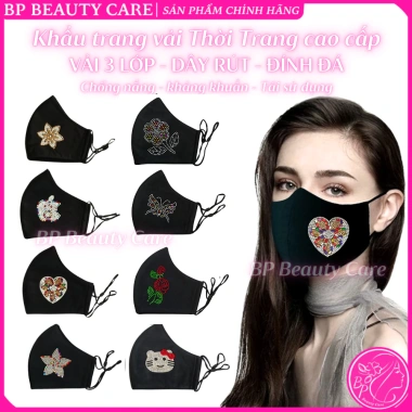 Khẩu trang vải 3 lớp đen đính đá, dây rút chỉnh size, bền đẹp, chống nắng bụi, tái sử dụng
