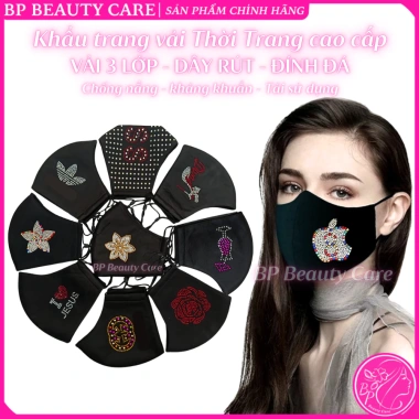 Khẩu trang vải 3 lớp đen đính đá, dây rút chỉnh size, bền đẹp, chống nắng bụi, tái sử dụng