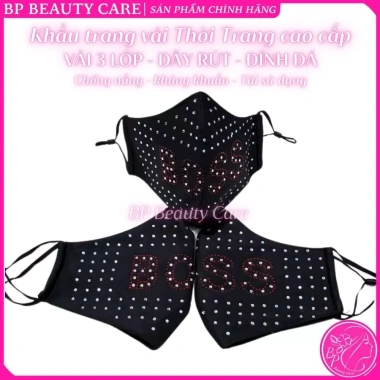 Khẩu trang vải 3 lớp đen đính đá, dây rút chỉnh size, bền đẹp, chống nắng bụi, tái sử dụng