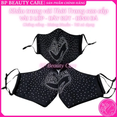 Khẩu trang vải 3 lớp đen đính đá, dây rút chỉnh size, bền đẹp, chống nắng bụi, tái sử dụng
