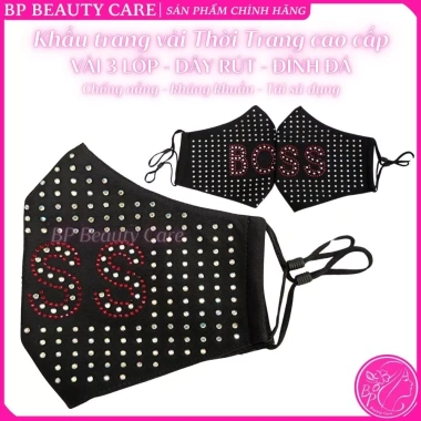 Khẩu trang vải 3 lớp đen đính đá, dây rút chỉnh size, bền đẹp, chống nắng bụi, tái sử dụng