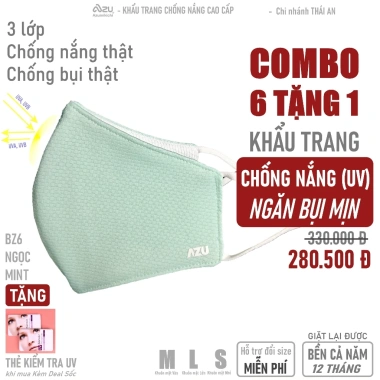 Khẩu trang vải 3 lớp Ngọc Mint BZ6 không nẹp mũi, chống UV & bụi mịn, bảo vệ da dưới nắng
