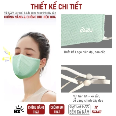 Khẩu trang vải 3 lớp Ngọc Mint BZ6 không nẹp mũi, chống UV & bụi mịn, bảo vệ da dưới nắng