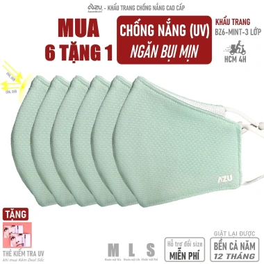 Khẩu trang vải 3 lớp Ngọc Mint BZ6 không nẹp mũi, chống UV & bụi mịn, bảo vệ da dưới nắng
