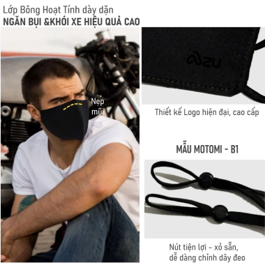 Khẩu trang vải chống bụi mịn 3 lớp cho người đi xe máy Nẹp mũi đen Azumikichi B1