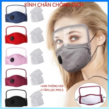 Khẩu trang vải nano chống nước kháng khuẩn, kính che mặt rời van thở, ngăn bụi mịn, giọt bắn, giá 22.000đ
