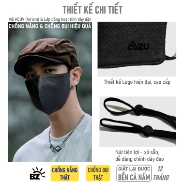 Khẩu trang vải oversize 3 lớp Đen CỠ RẤT LỚN BZ7XL – Chống nắng, 144.000₫