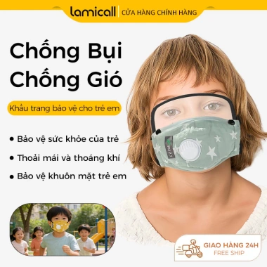 Khẩu trang vải trẻ em van thở, kính bảo hộ tháo rời, kháng khuẩn, thoáng khí, chống UV, ngừa muỗi
