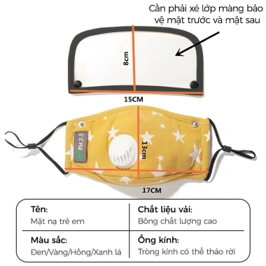 Khẩu trang vải trẻ em van thở, kính bảo hộ tháo rời, kháng khuẩn, thoáng khí, chống UV, ngừa muỗi
