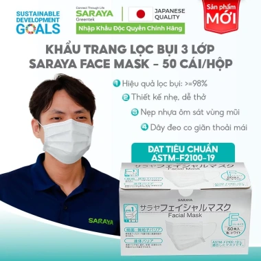 Khẩu trang y tế 3 lớp SARAYA Nhật Bản trắng 50 cái, thoáng khí, chống bụi, giá 61.750₫