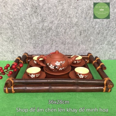 Khay đựng bộ ấm chén trà Bát Tràng bằng tre - Thiết kế tinh tế, giá chỉ 92.000 VND