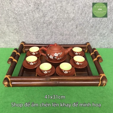 Khay đựng bộ ấm chén trà Bát Tràng bằng tre - Thiết kế tinh tế, giá chỉ 92.000 VND