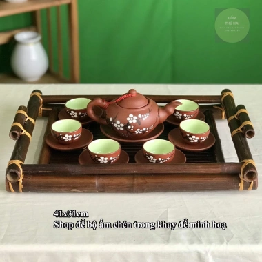 Khay đựng bộ ấm chén trà Bát Tràng bằng tre - Thiết kế tinh tế, giá chỉ 92.000 VND