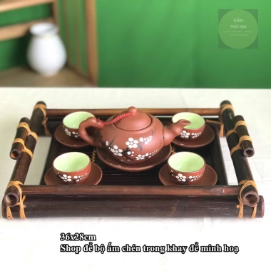 Khay đựng bộ ấm chén trà Bát Tràng bằng tre - Thiết kế tinh tế, giá chỉ 92.000 VND
