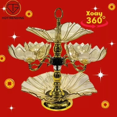 Khay Đựng Mứt, Bánh Kẹo Hoa Sen 6 Cánh Xoay 360 độ Mạ Vàng Đồng Tráng Gương Cao Cấp Sang Trọng 215k 10