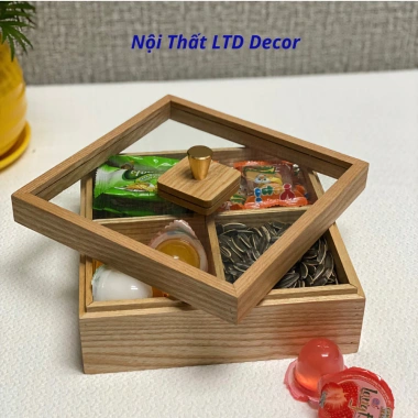Khay đựng mứt gỗ sồi LTD Decor - Hộp bánh kẹo Tết 4-6 ngăn, quà Tết, 400.000₫