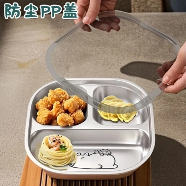 Khay INox 304 thép không gỉ cho trẻ em, đĩa ăn hoạt hình, ngăn di động, thích hợp gia đình và sinh viên