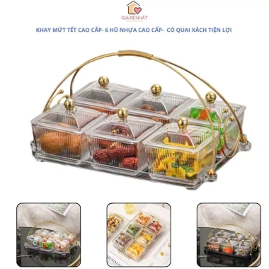 Khay Mứt Đựng Bánh Kẹo Tết 6 Hũ Cao Cấp, Quai Xách Sang Trọng - Giá 249.000 VND