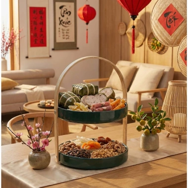 Khay Mứt Tết 2 tầng gốm sứ khung gỗ - Đĩa đựng bánh kẹo, hoa quả decor sang trọng, giá chỉ 400.000đ